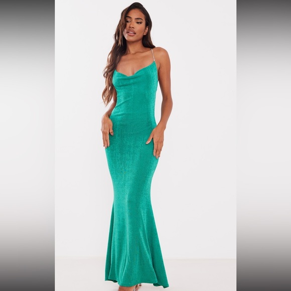 Green Acetate Slinky Diamanté Strap Cowl Back Maxi Dress size 10 - Picture 1 of 8